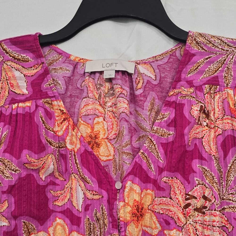LOFT Womens L Pink Orange Floral Button Front 100% Cotton Ruffle Sleeve Blouse - Picture 3 of 8